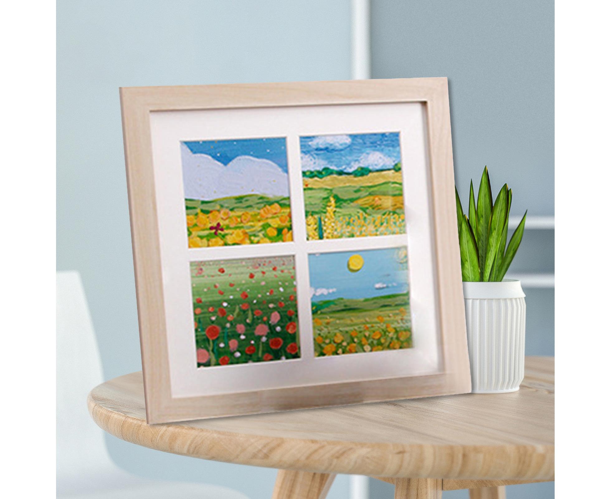 1 Set Painting Frame Not Easily Deformed Sturdy Square 4/9 Grids Picture Display Stands Home Supply - Light Brown — image 4