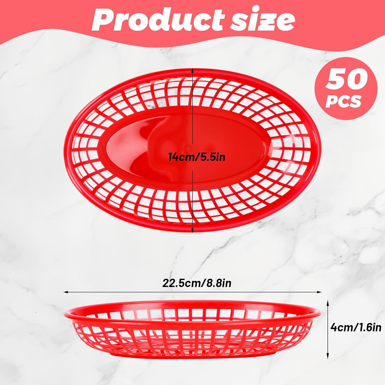 50 Pack Fast Food Baskets, Plastic Fast Food Restaurant Baskets, Bread Fry Baskets Serving Tray for Hot Dogs, Chicken, Burgers