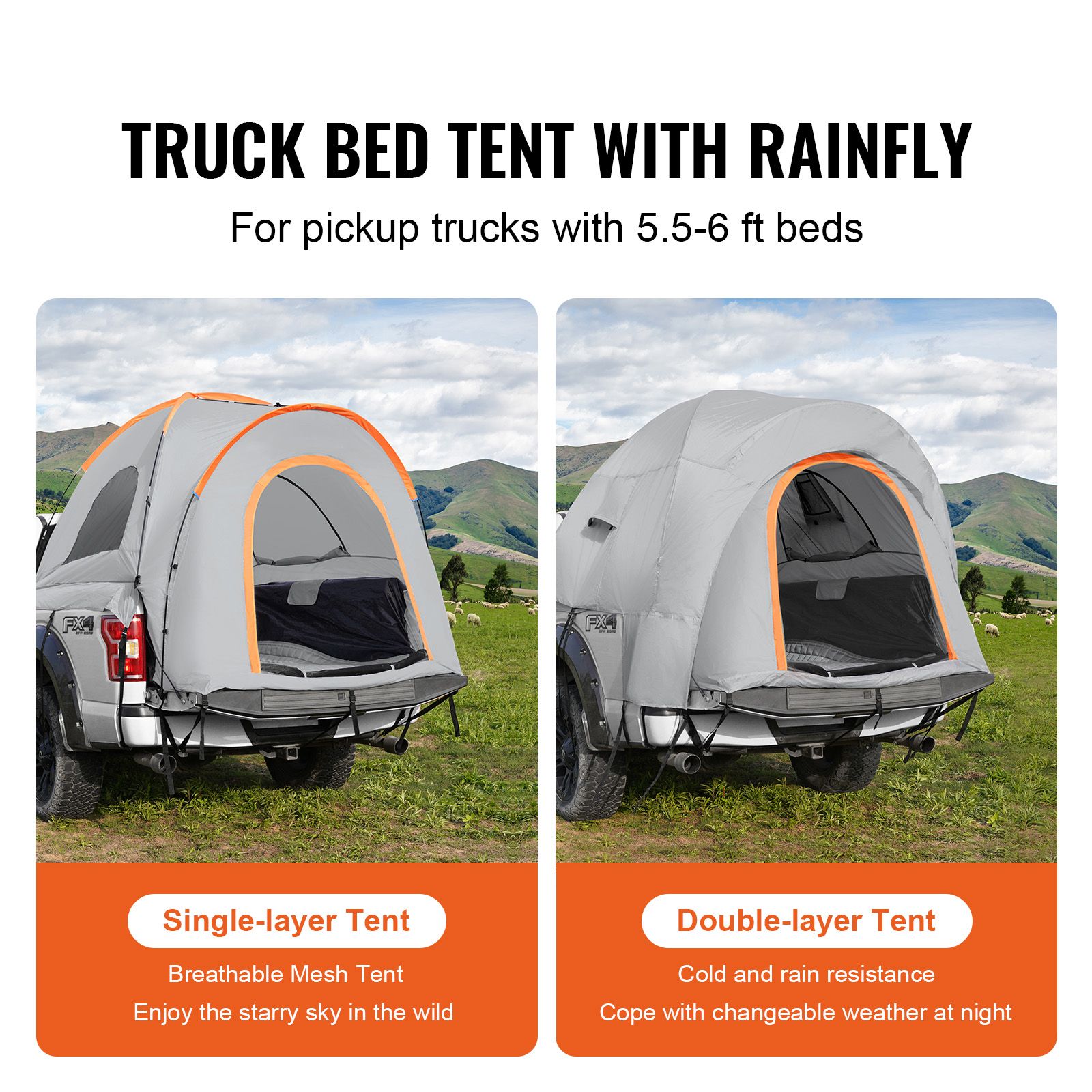 Truck Bed Tent, 5.5'-6' Pickup Truck Tent with Rain Layer and Carry Bag, Waterproof PU2000mm Double Layer Truck Tent for Camping, Accommodate 2-3 Person, for — image 2