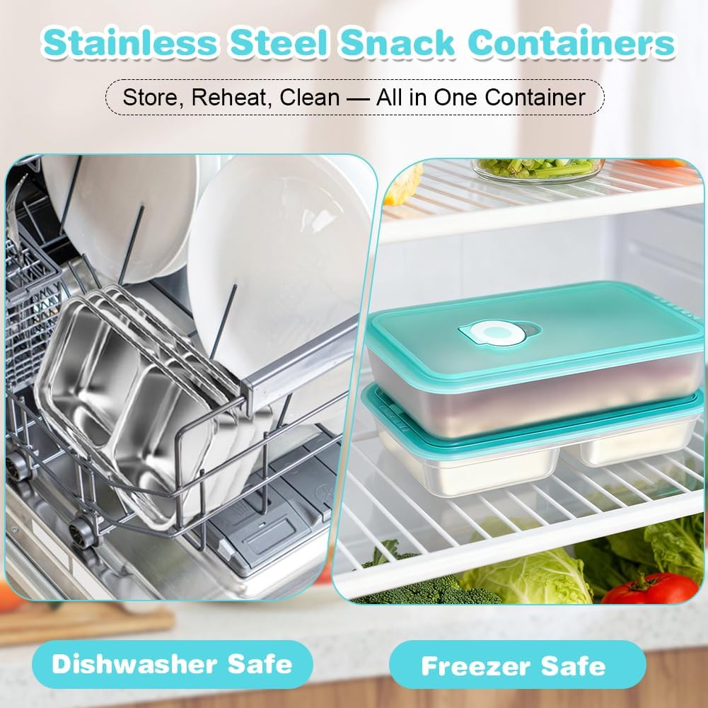 YQL 2 Pack Stainless Steel Food Containers with Lids, Double & Single Compartment Snack Boxes for Kids, Leakproof Reusable Bento Box for Lunch Prep, Travel β image 5