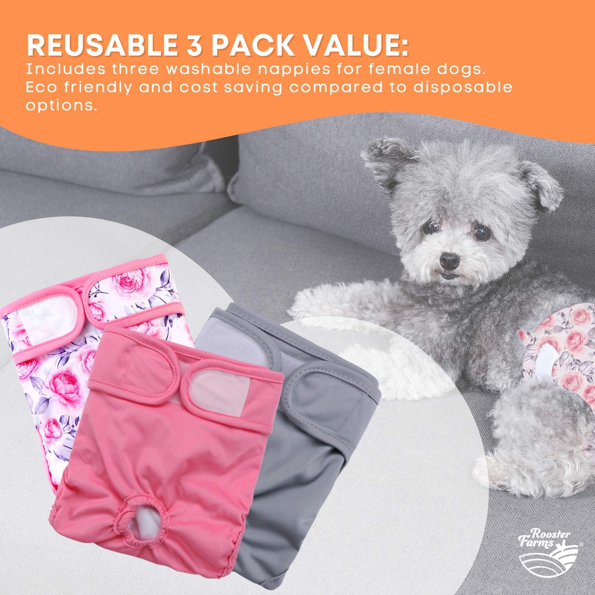 Rooster Farms Female Dog Diapers Medium 3Pk - Washable Reusable Nappy Hook/Loop — image 4