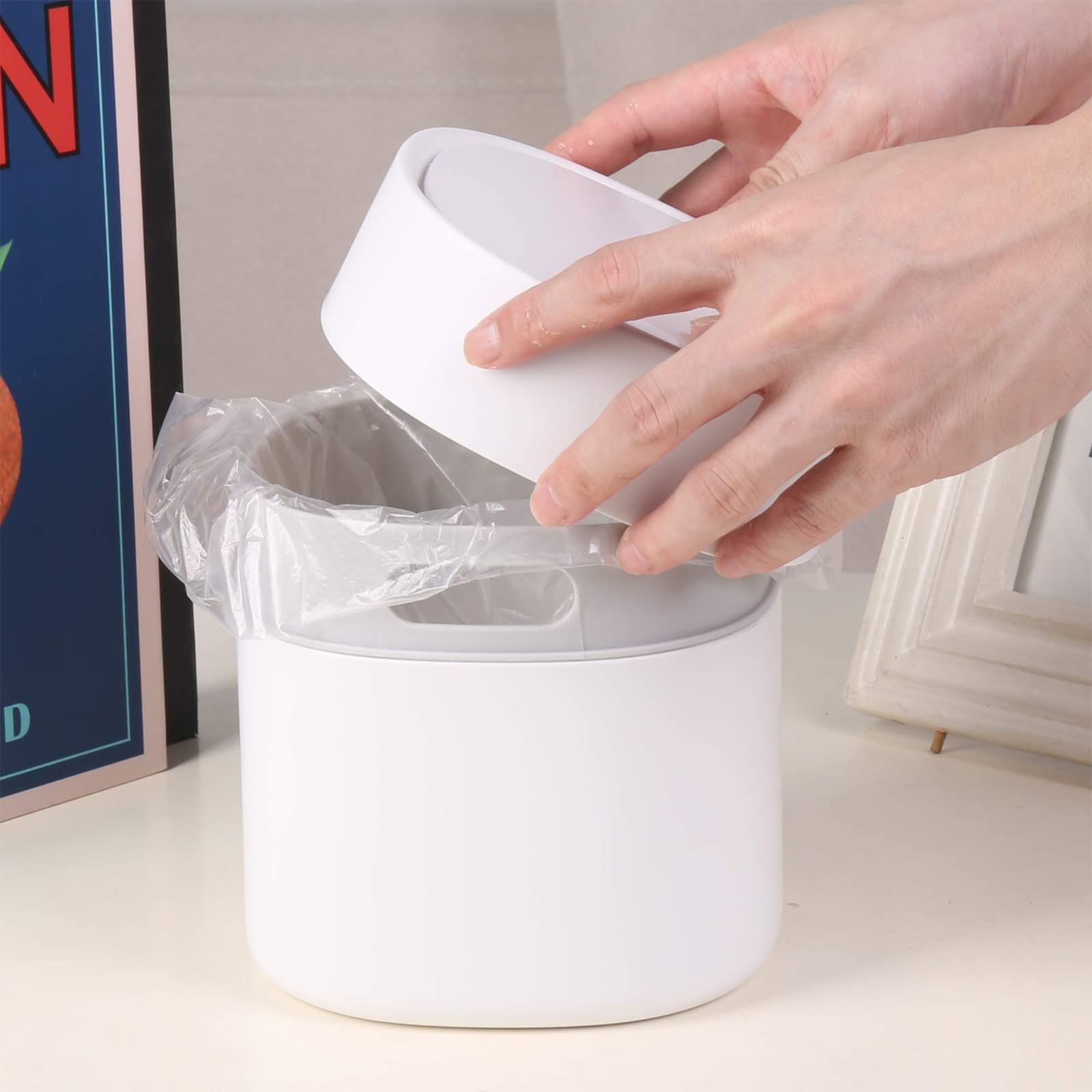 Mini Trash Can with Lid Desk Small Trash Can for Bathroom Vanity, Desktop, Tabletop or Coffee Table (Square Press - White) — image 5