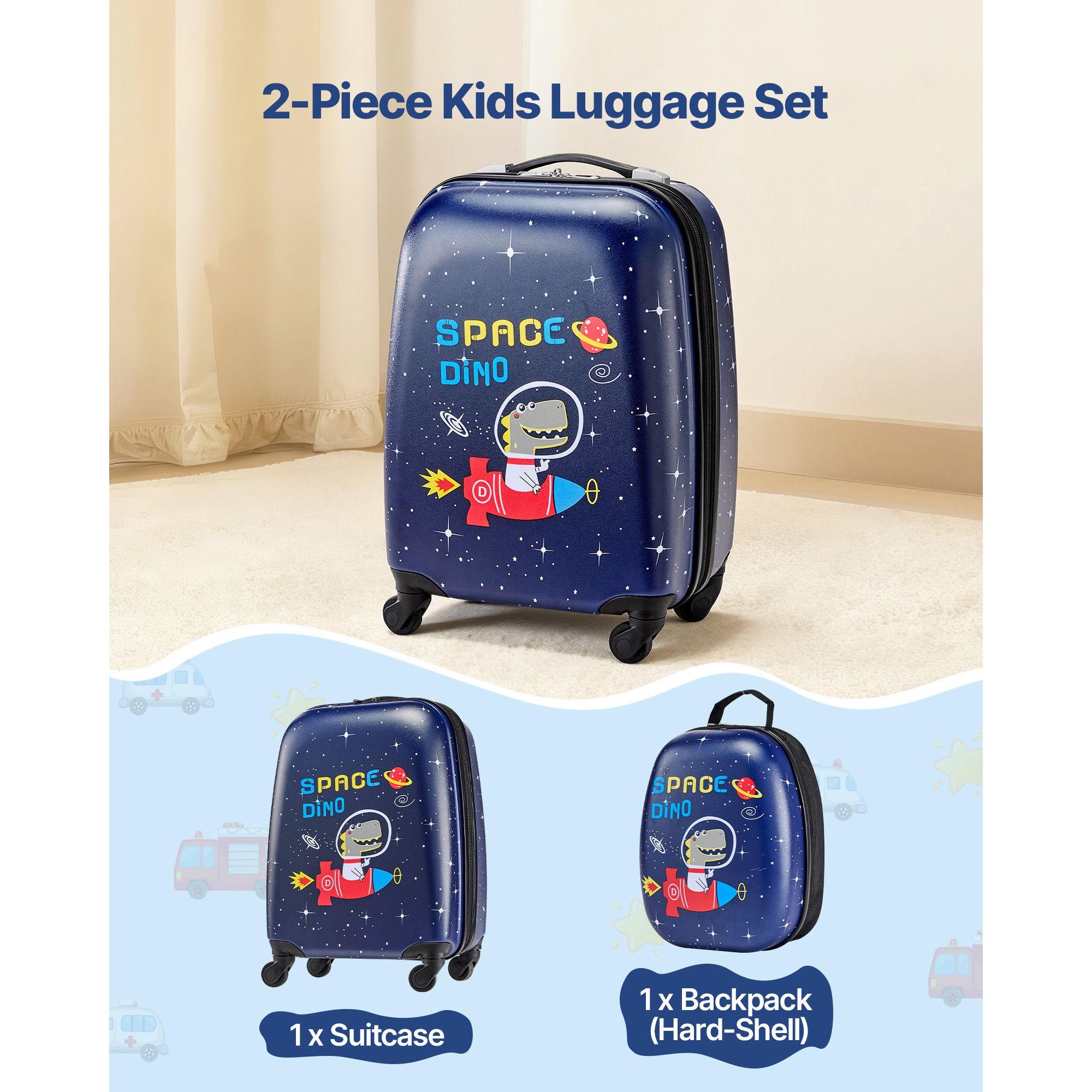 Kids Luggage Set, 2 Piece, 45.7 cm Hardside Rolling Wheels Suitcase with Hard-Shell Backpack, Dinosaur Kids Carry on Luggage Set, Holiday Birthday Present for โ image 2