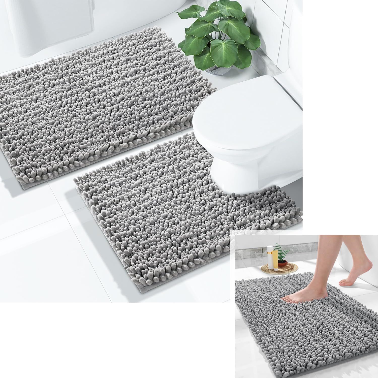 Bathroom Rugs Sets, Extra Soft Thick Chenille Bath Mat and U-Shaped Toilet Rug, Non-Slip Absorbent Water Shower Rug for Bathroom Floor