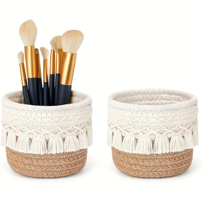 Khaki Boho Cotton Rope Tassel Storage Baskets โ Set of 2 Round Woven Organizers for Makeup Brushes & Desktop Essentials (12cm Diameter)