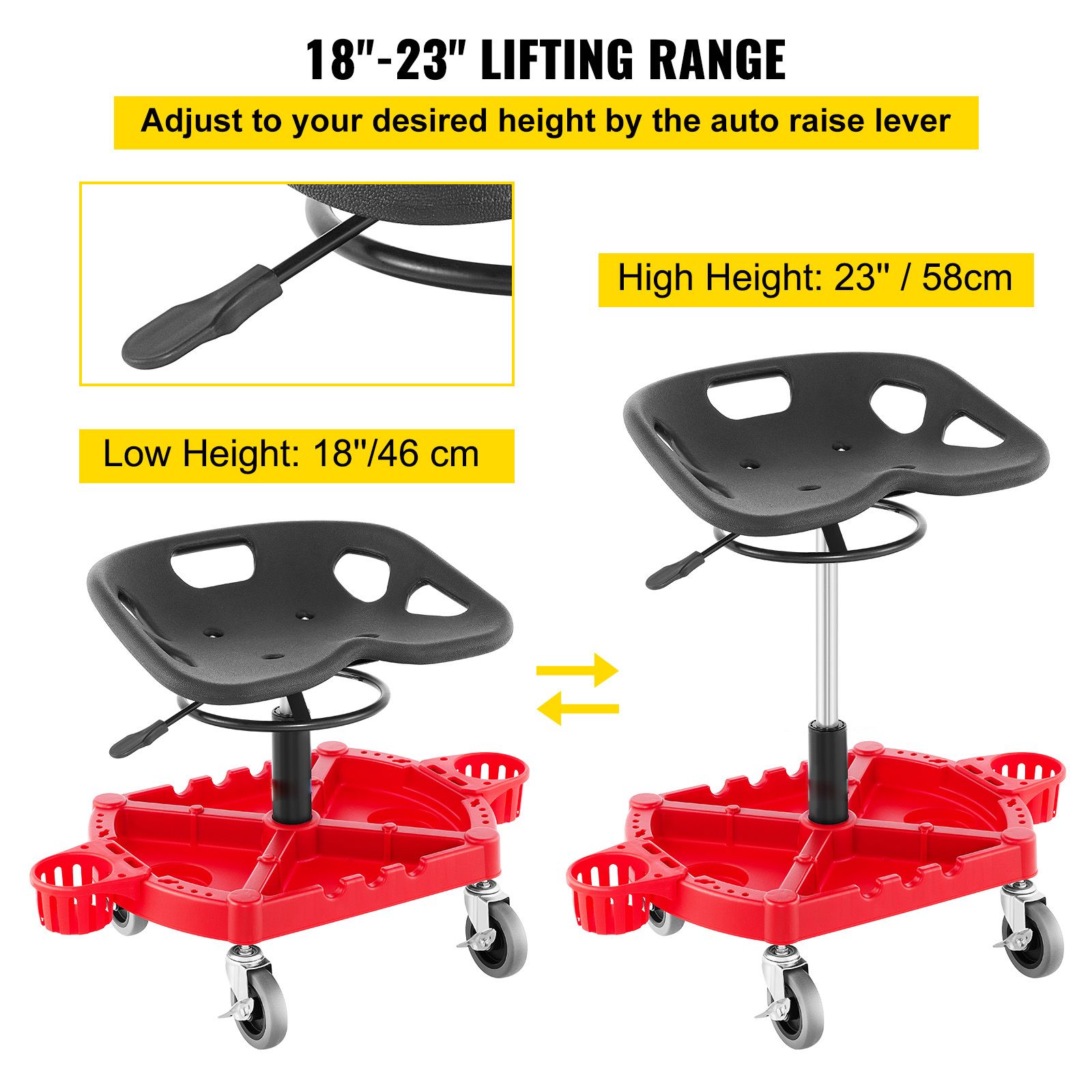 Rolling Garage Stool, 300LBS Capacity, Adjustable Height from 18 in to 23 in, 360-degree Swivel Wheels (4/"), Large Tool Tray with Two Bottle Holder, for โ image 3
