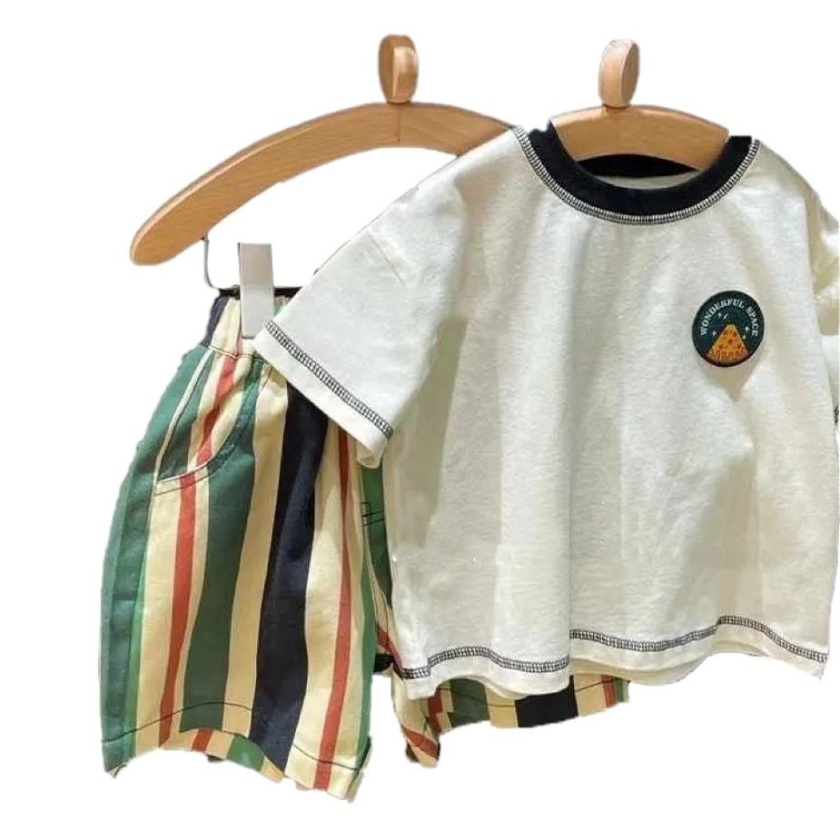 Yeon Bei Man Boys Cotton 2-Piece Summer Short Sleeve Striped Pants 130cm — image 2