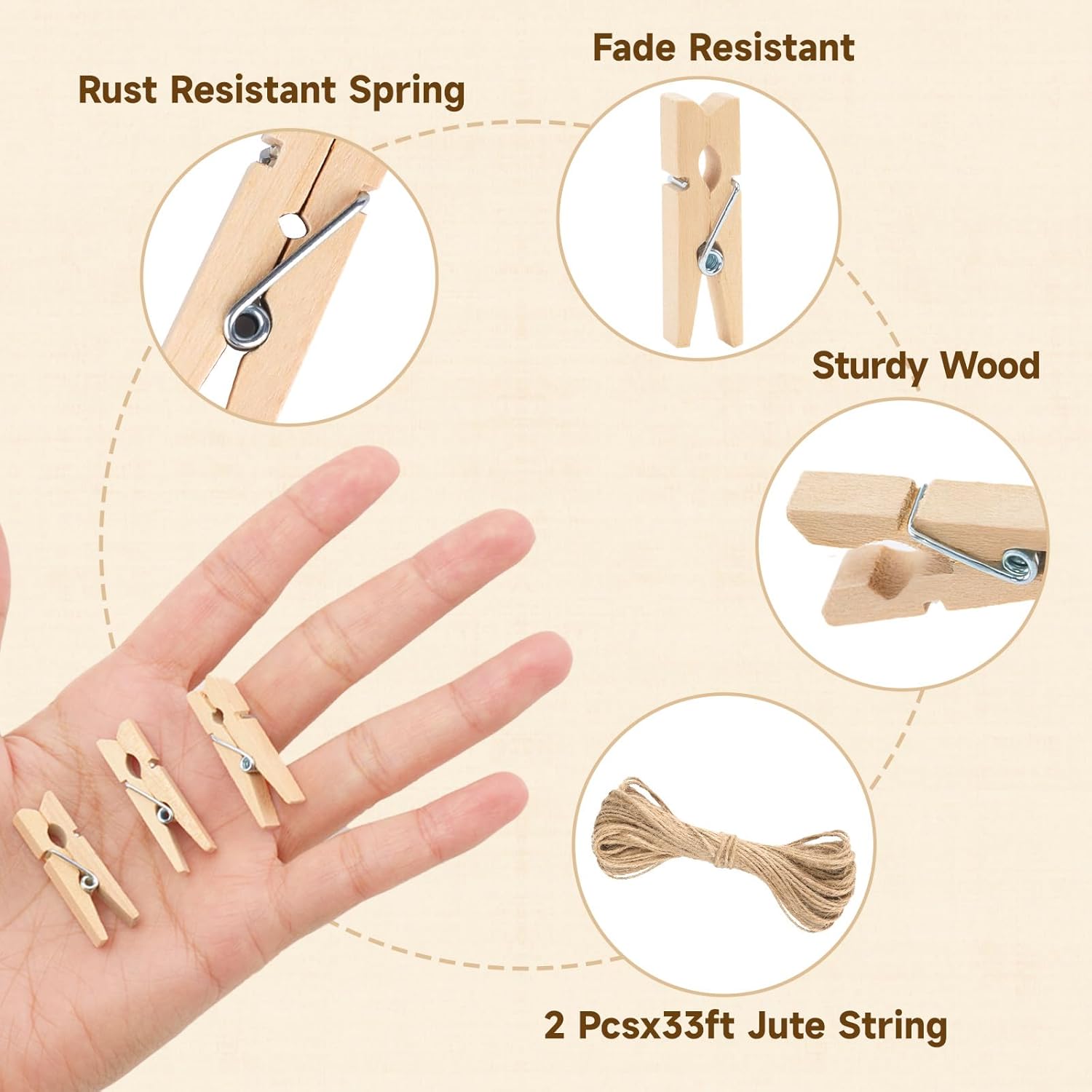 Mini Clothespins Wooden - Small Clothes Pins for Crafts 1.4 Inch,50 Pcs Natural Clothespins Clips with Jute String for Hanging Pictures,Photo Displays,Baby โ image 3