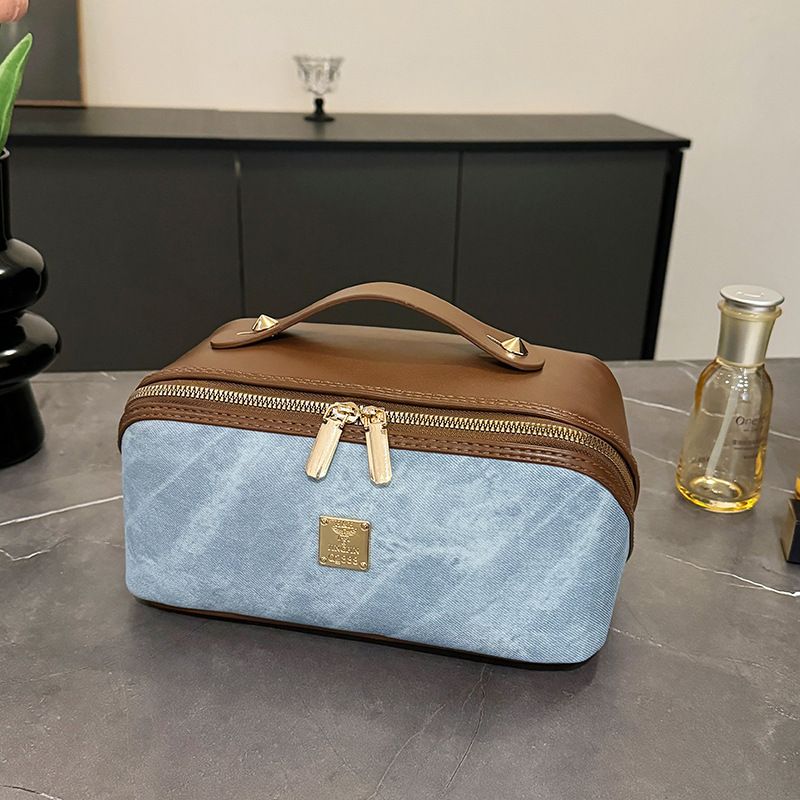【PU Color-Block Cosmetic Bag】 Leather Handle Metal Zipper, Color-Block Simple Partition, Main Compartment Stores Cosmetics & Toiletries, Lightweight & — image 5