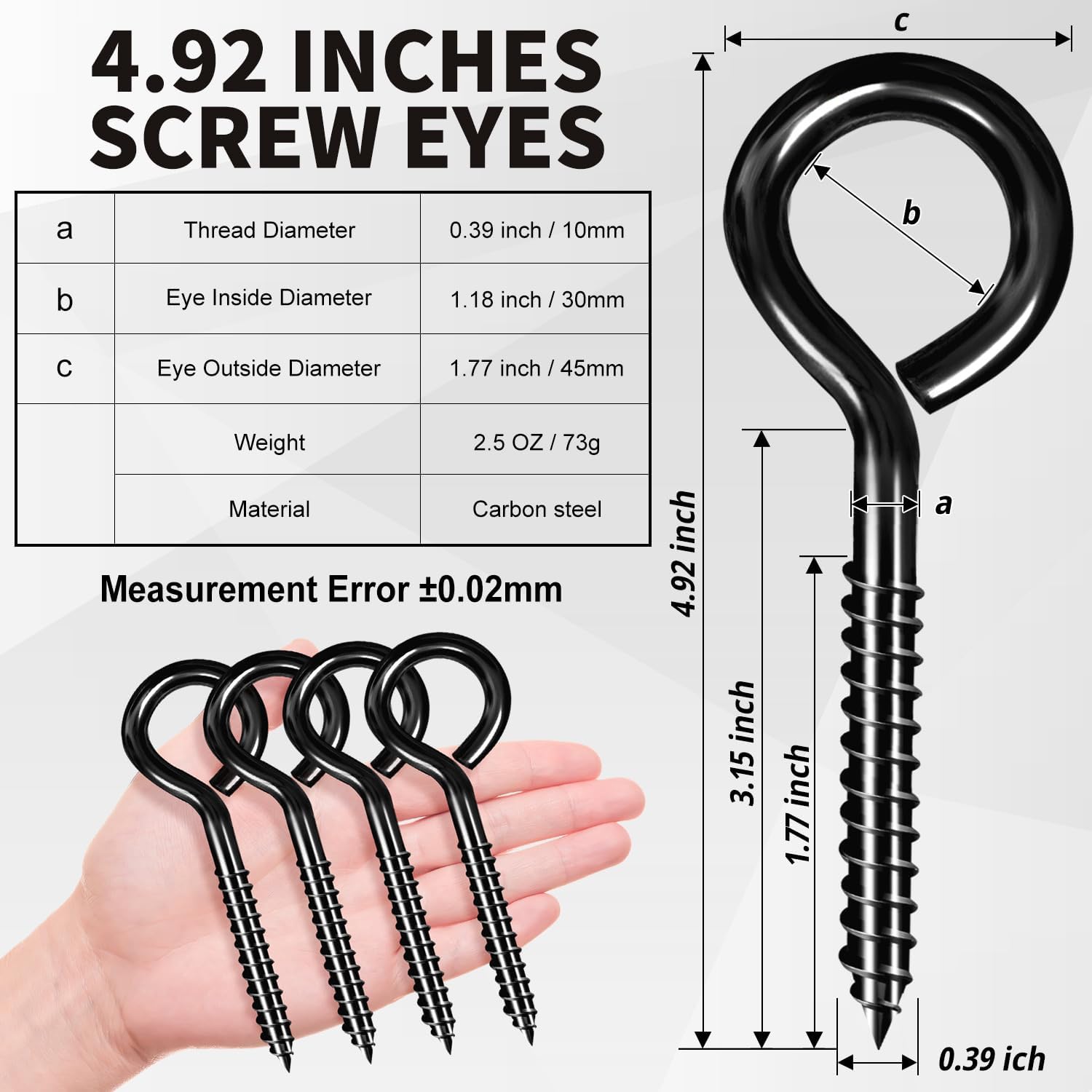 5 Inch Eye Hooks, Large Eye Bolts Screw in Hooks Carbon Steel, 4 Pcs Heavy Duty Black Large Screw Eye Hooks for Wood Securing Cables Wire, Heavy-Duty โ image 2