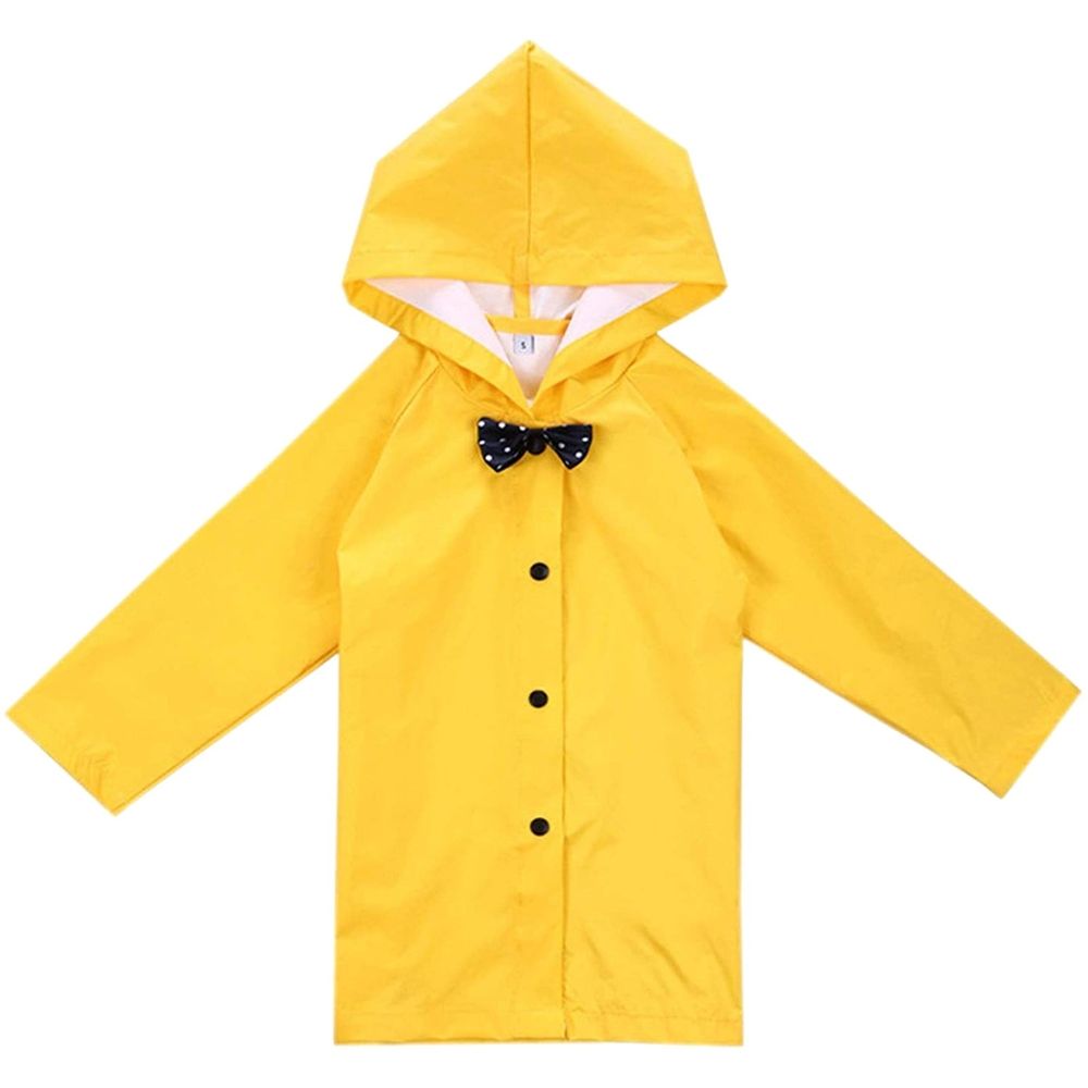Kids Hooded Button Down Long Jacket Bow Rainwear Lightweight Raincoat Yellow M