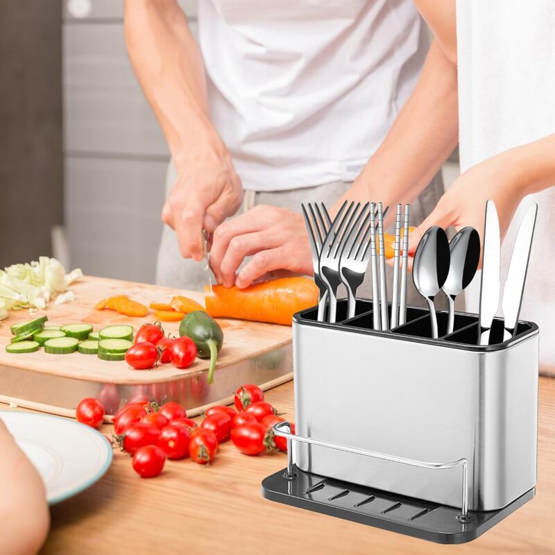 Cutlery Drainer, Fork Spoon Organizer Rack With 4 Compartments With Drainer, For Knife And Fork, Spoon, Sink Drying — image 4