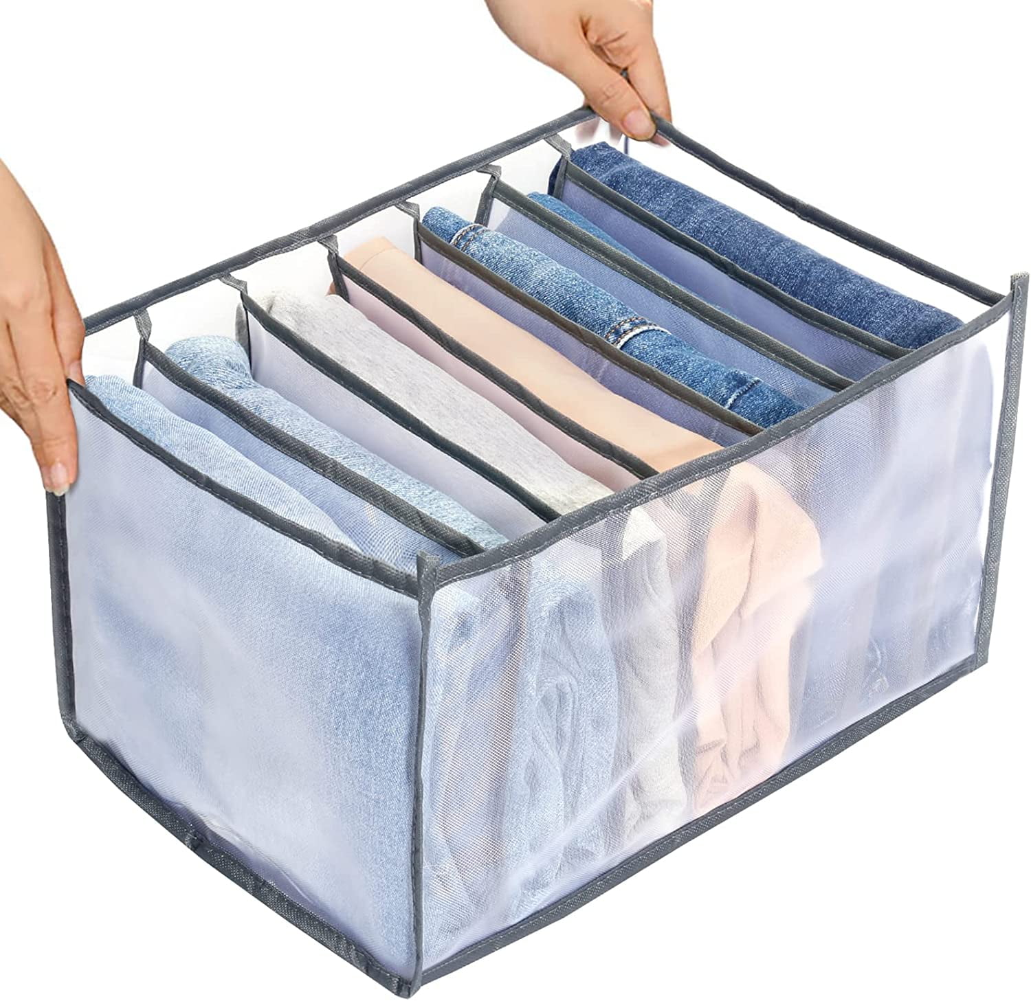 Wardrobe Clothes Organizer for Jeans, Upgraded Drawer Organizers for Clothing with Handle Foldable, Drawer Organizers Clothes(Gray,1PCS-M) 1PCS-7 Cell(L)