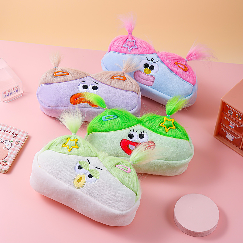 Light Green and Green Hair Cute Plush Monster Pencil Case - Fluffy Stationery Pouch with DIY Styleable Hair for Kids β image 2