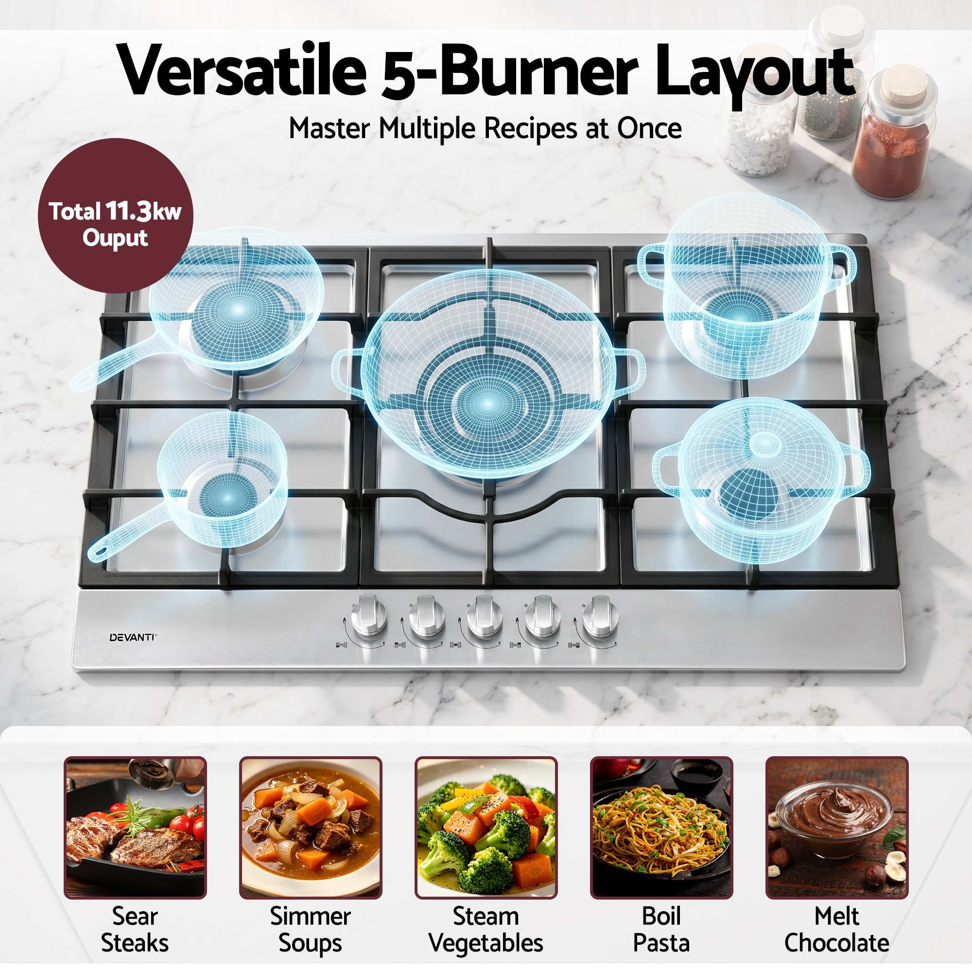 Devanti 90cm Gas Cooktop 5 Burner LPG NG Stainless Steel Hob Silver โ image 4