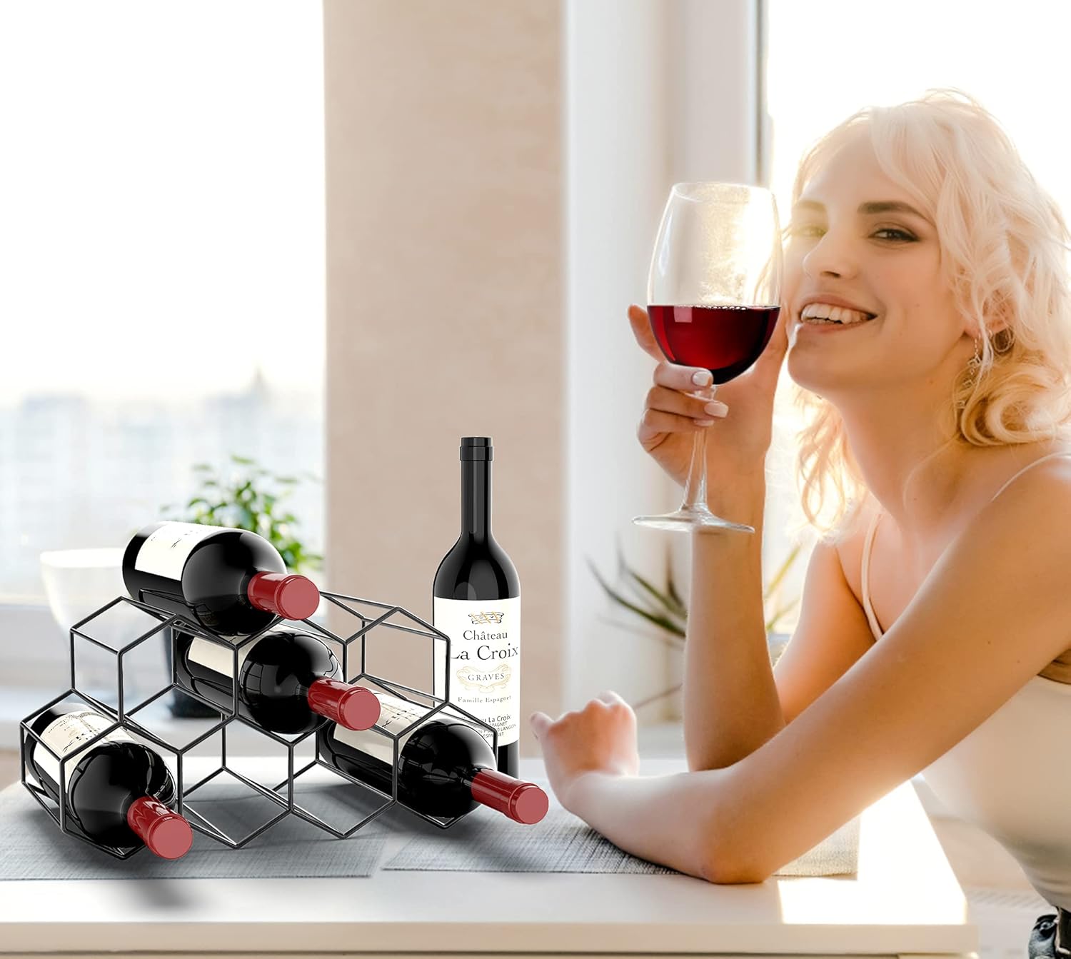 Small Freestanding Wine Rack for Countertop - Honeycomb Metal Wine Rack Stand for 9 Bottles, Black, Wine Rack for Tabletop โ image 2