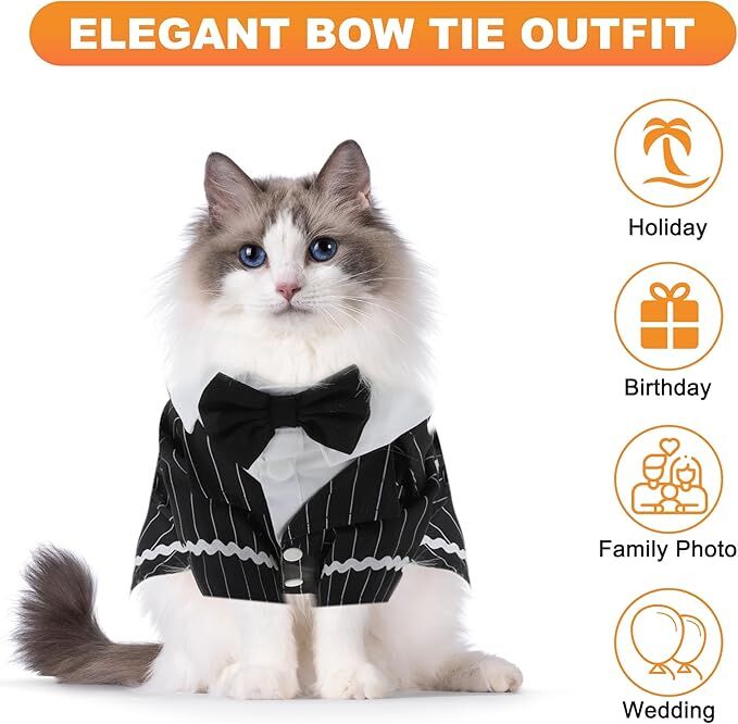 pet products Dog Cat Tuxedo Suit with Bow Tie - Formal Black & White Striped Pet Costume Shirt, Elegant Wedding Outfit Birthday Party Attire for Maltese — image 5