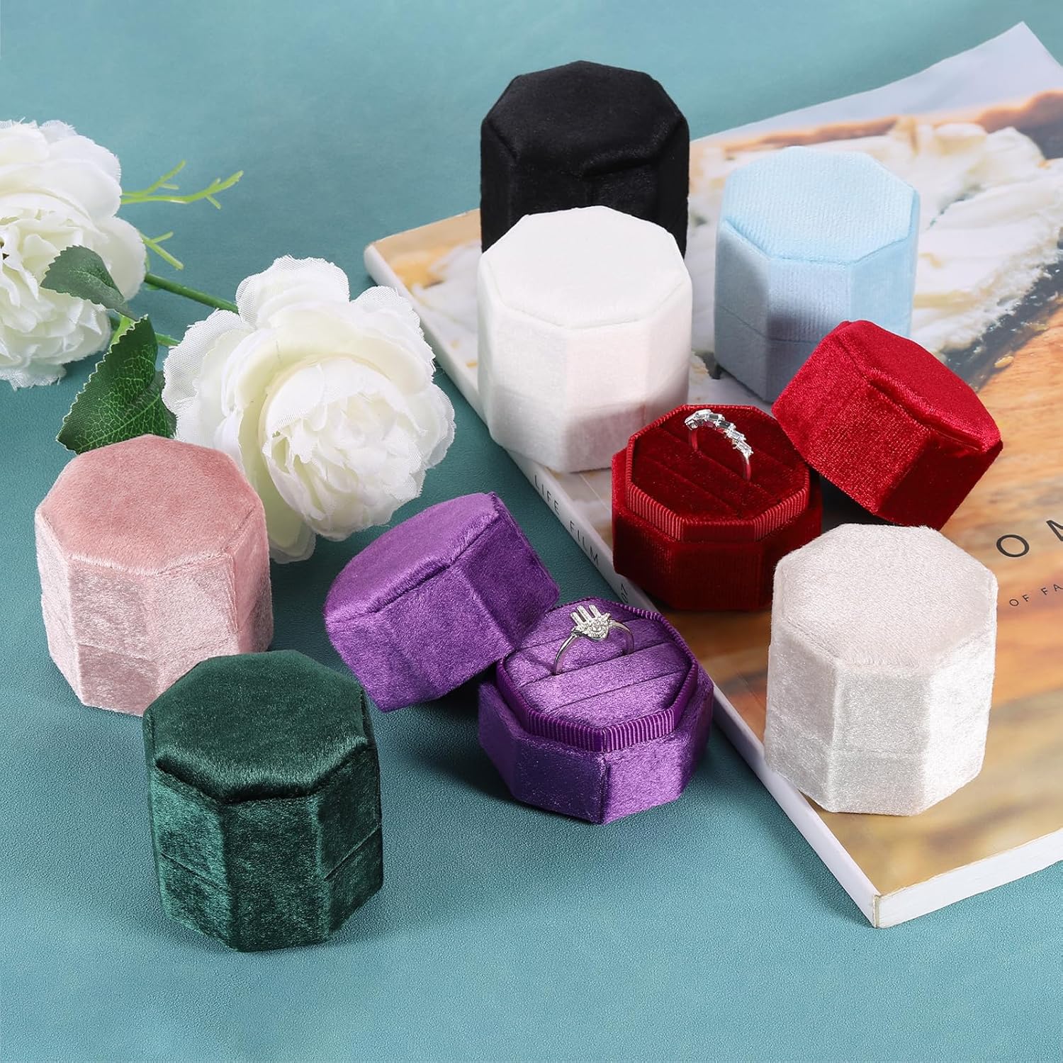 Velvet Ring Box, 3 Slot Octagon Wedding Ring Display Holder Box Jewelry Ring Gift Box for Wedding Ceremony Proposal Engagement (Deep Purple) — image 6