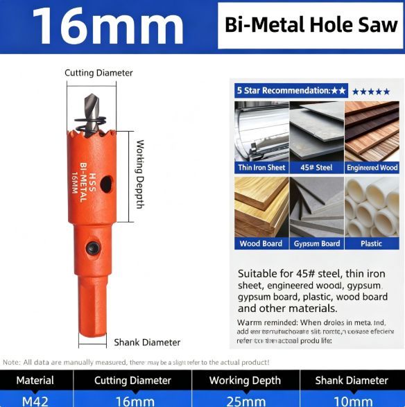 16mm Bi-Metal M42 High Speed Steel Hole Saw | with Pilot Drill Bit, Smooth Cutting Edge for PVC, Drywall, Wood, Plastic, Gypsum Board, Rubber, Thin