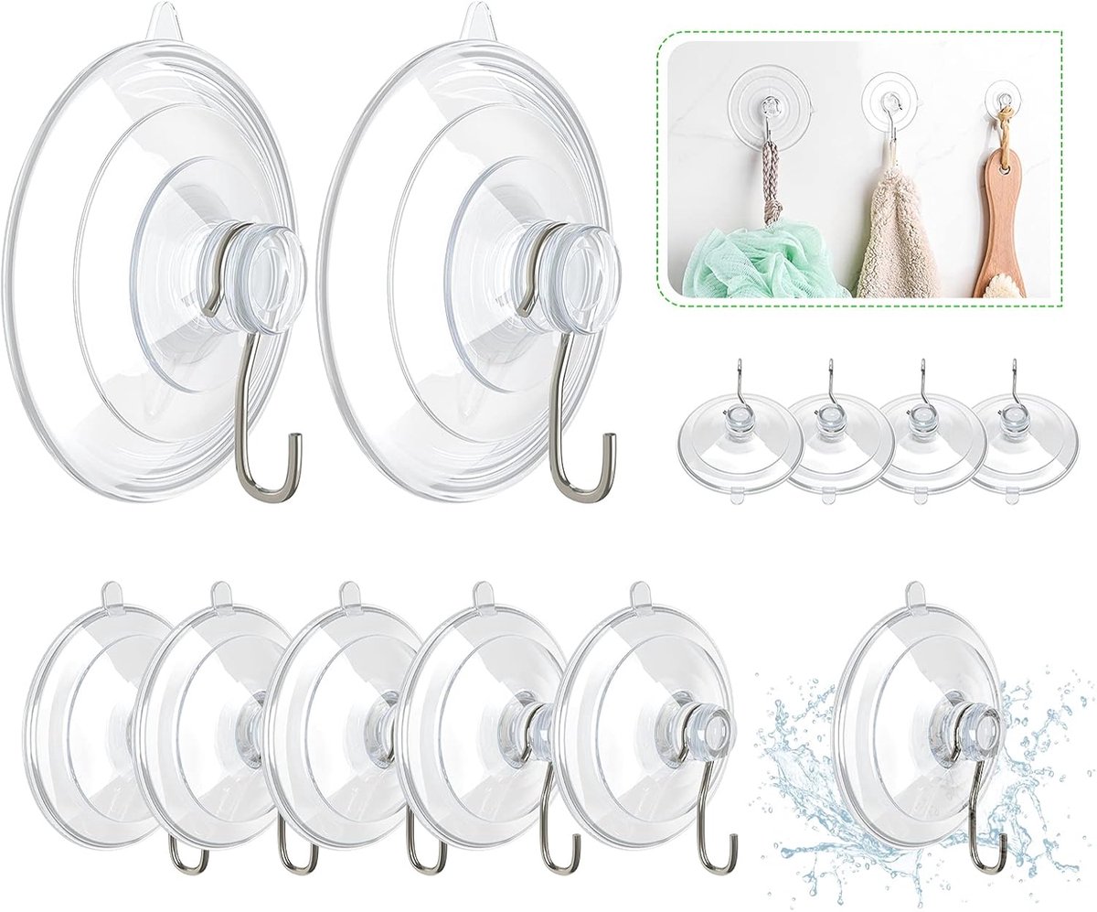 Suction Cup Hooks (12 Pieces) - Suction Cup Hooks - 1.77 Inch Clear Suction Cups - up to 3kg - with Metal Hooks - Threaded - Brute Strength - suction