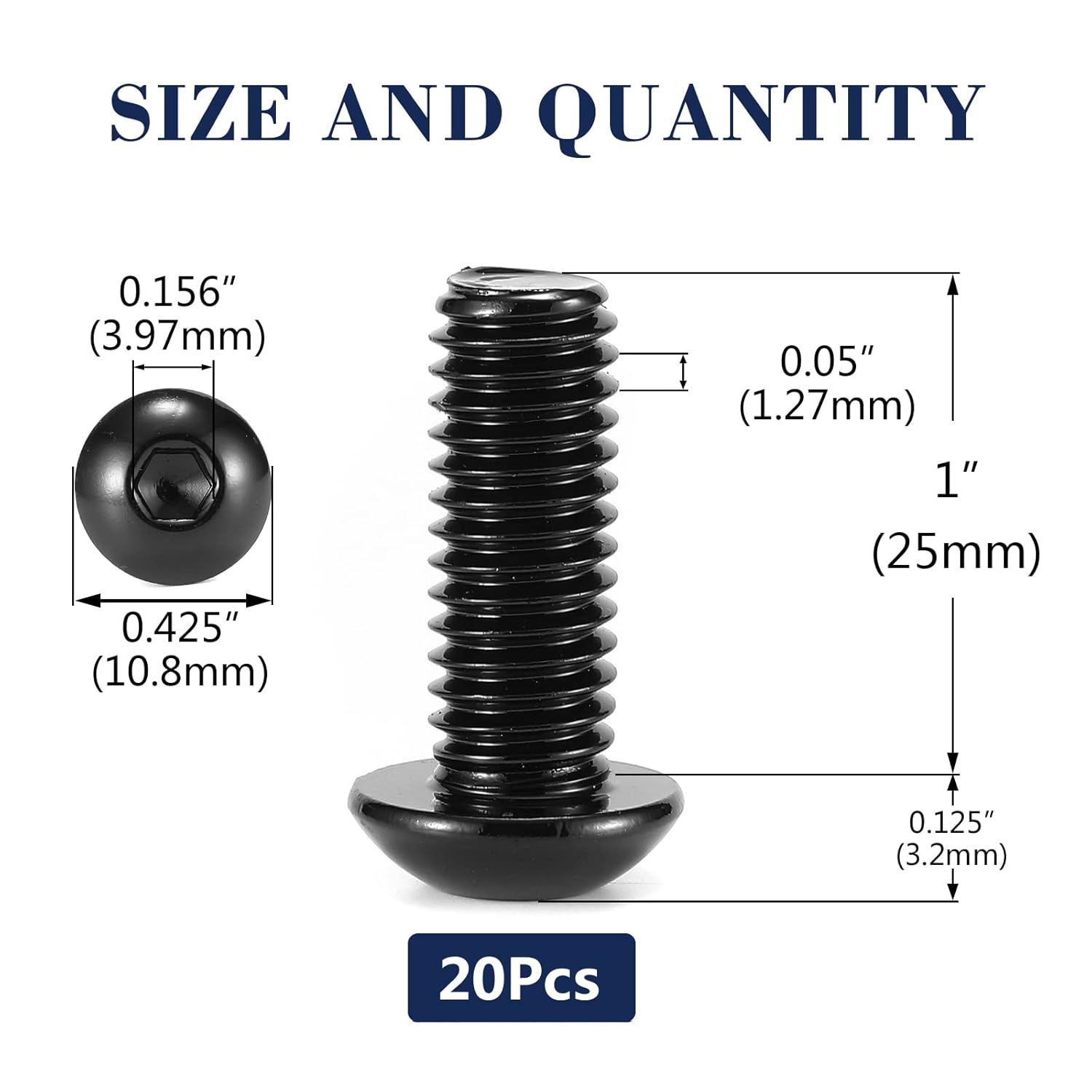 1/4-20 × 1 Button Head Socket Cap Bolts Screws, 20Pcs 304 Stainless Steel 18-8, Allen Hex Drive, Black Oxide by (with Hex Spanner) — image 2