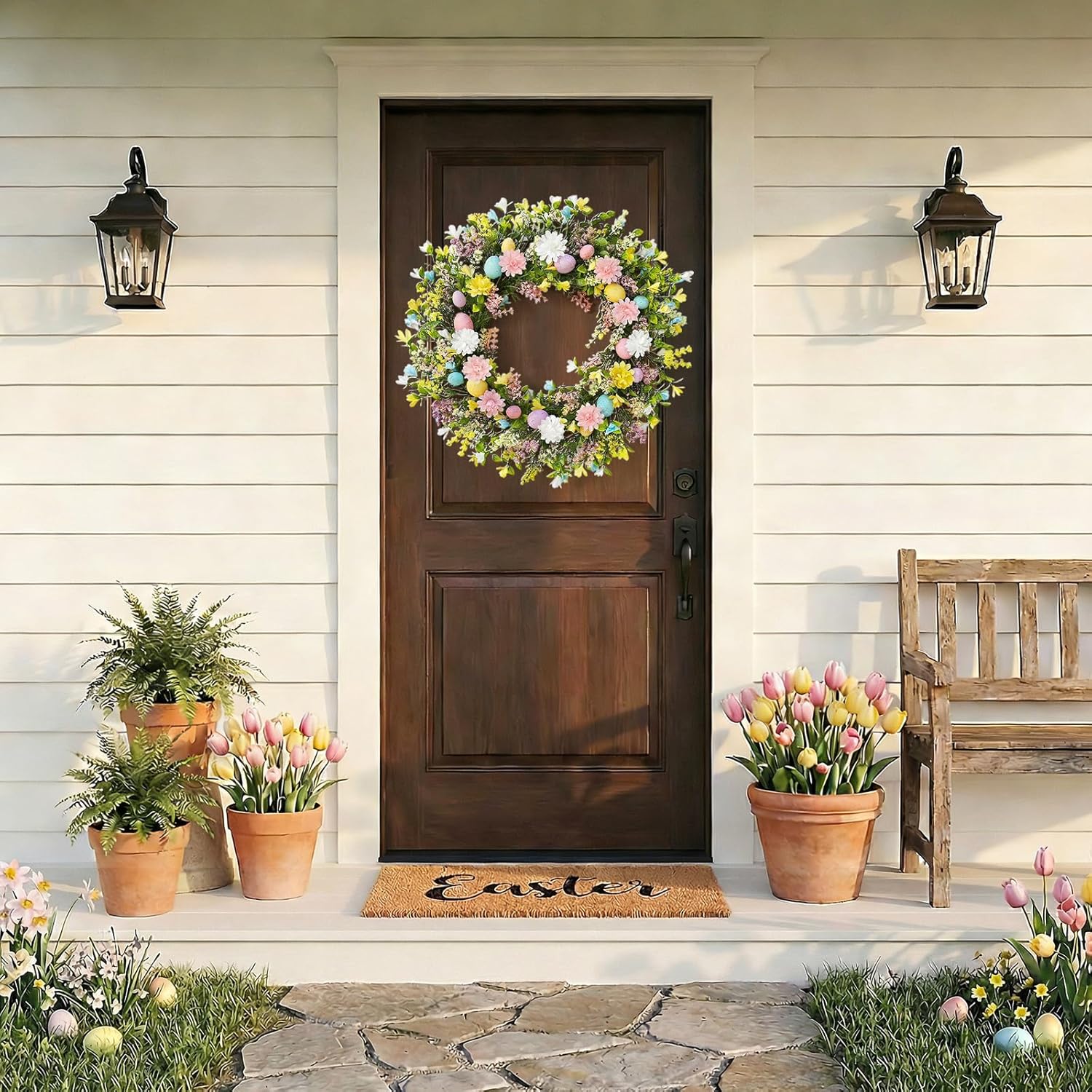 Easter Wreath for Front Door Decorations, Easter Egg Door Wreath Decorations, Spring Wreaths with Pastel Eggs Flowers Eucalyptus Leaves for Front Door Outside โ image 5