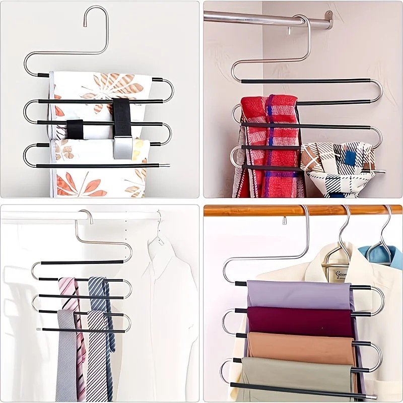 3 Pack Multi-Layer Stainless Steel Metal Pants Hangers, Bedroom Storage, S-Shaped Anti-Slip No-Mark, Space Saving, Closet Storage Rack, Pants Jeans Scarves — image 2