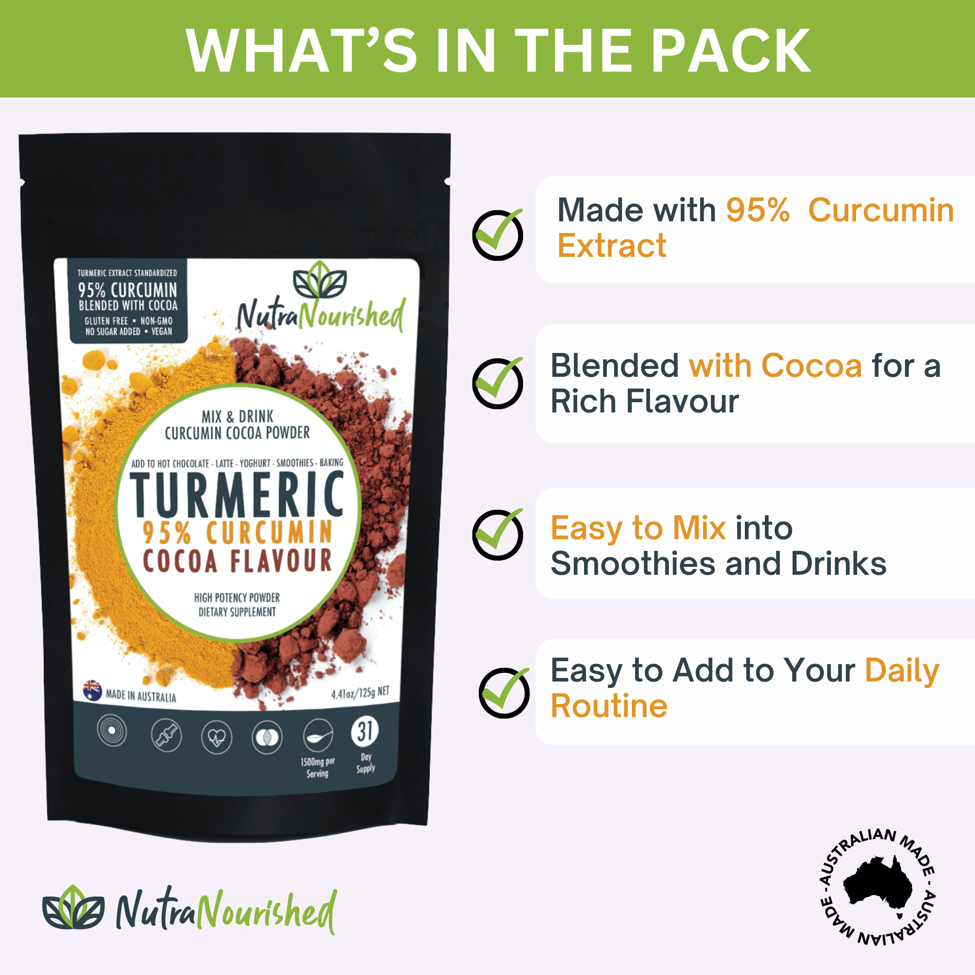 95% Organic Curcumin Extract Cocoa Flavour - Turmeric Powder With Black Pepper - Organic and with Black Pepper - 375g — image 2