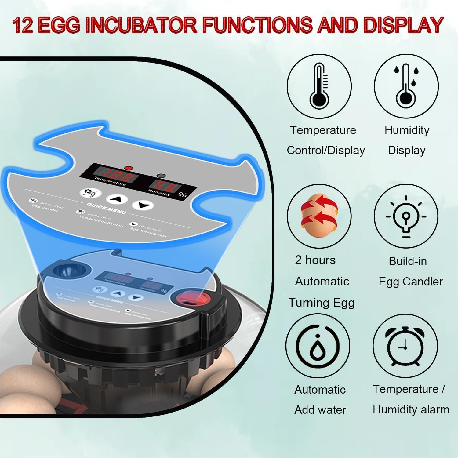 CARLA HOME 12 Egg Incubator with Automatic Turning, LED Display, Humidity & Temperature Control, Auto Water System & Built-in Egg Candler for Chicken, Duck — image 4