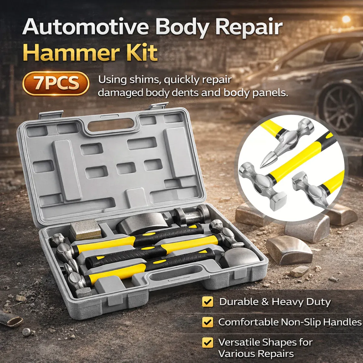 7PCS Automotive Body Repair Hammer Kit Handle Chisel Mallet Dent Remove Tool