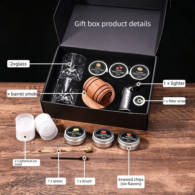 Cocktail Smoker Kit with Wood Chips, Whiskey Drink Smoker Gift Box, Old Fashioned Glasses, Spherical Ice Molds, Complete Home Bar Accessory Set — image 2