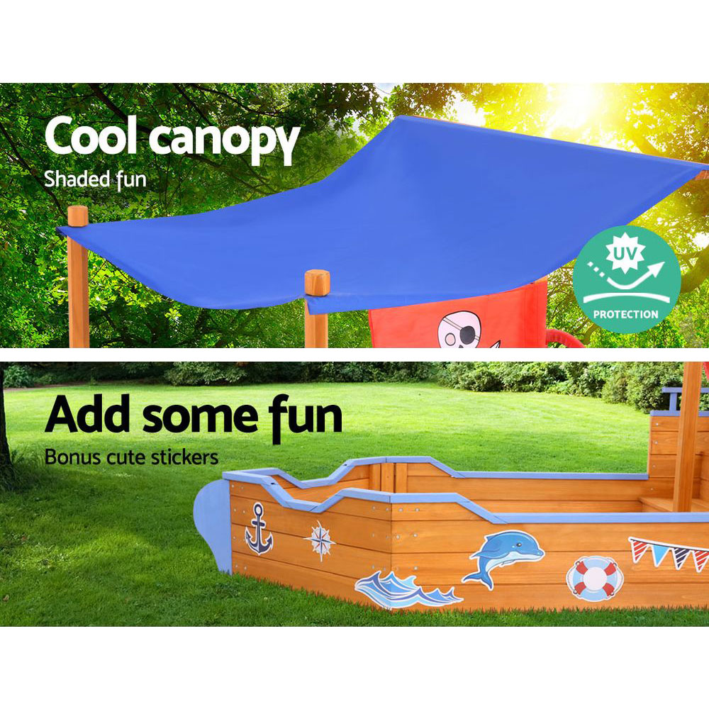 Keezi Kids Sandpit Wooden Boat Sand Pit with Canopy Bench Seat Beach Toys 165cm โ image 5