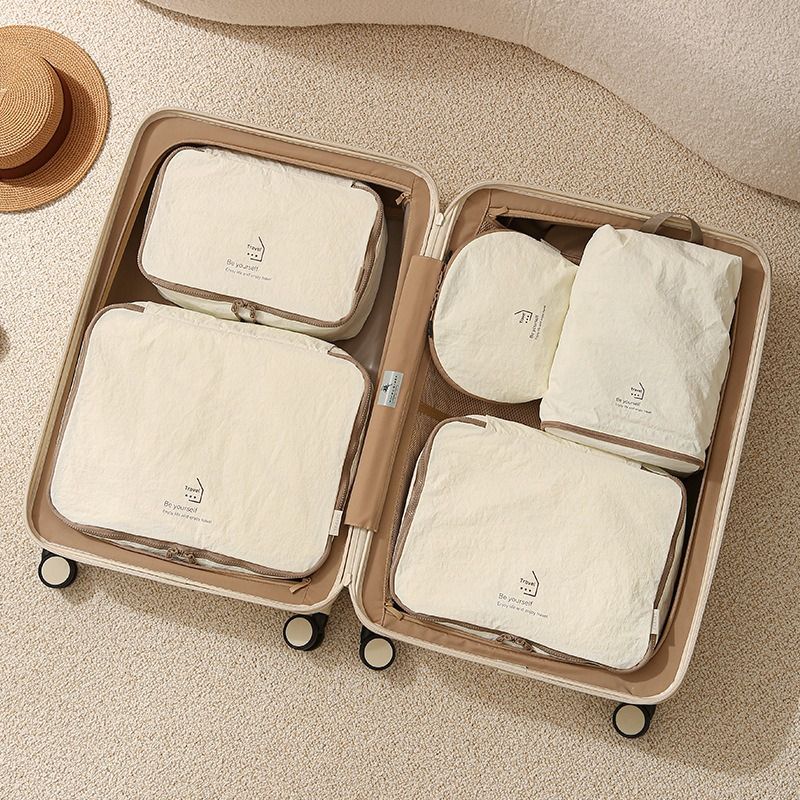 5-Piece Travel Packing Cube Set, Wrinkle-Resistant Nylon Luggage Organizer Bags with Cosmetic Bag & Shoe Bag for Clothing and Toiletries Storage - Beige