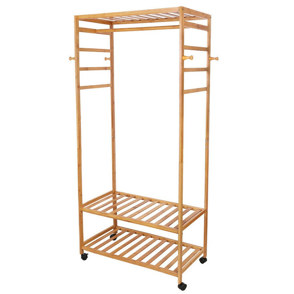 169cm Mildrew-proof Bamboo Clothes Shelves Stand On Wheels Coat Shoes Bags Rack โ image 2