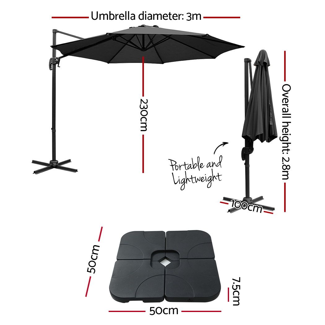 Instahut 3m Outdoor Umbrella w/Base Cantilever Beach Roma 360 Degree Tilt Black โ image 2