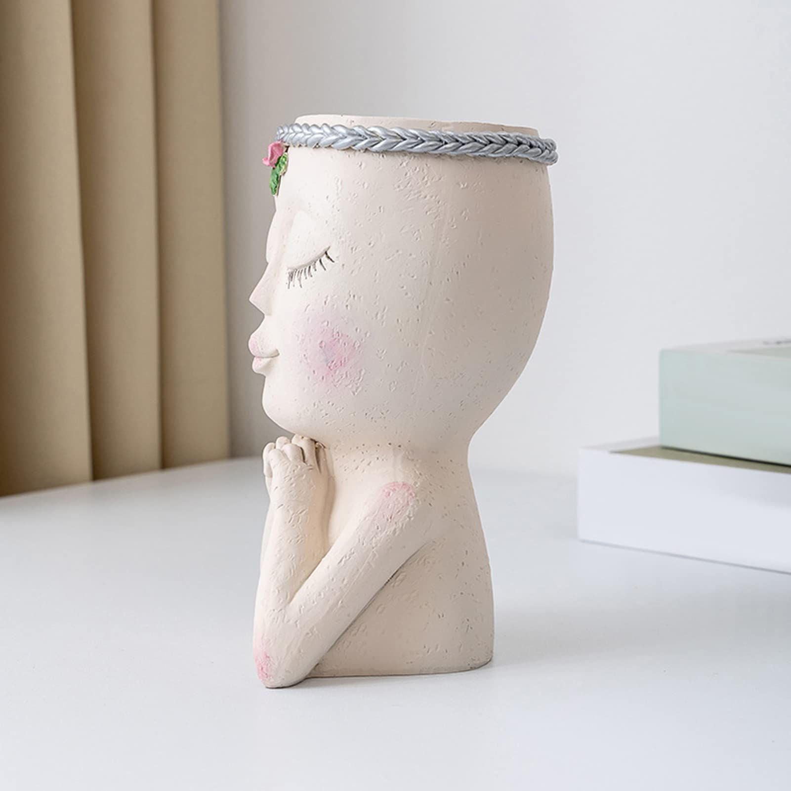Face Planter Pot Face Flower Pots, Succulent Planter Little Girl Closed Eyes with Drainage Hole Face Nordic Sculpture White — image 5