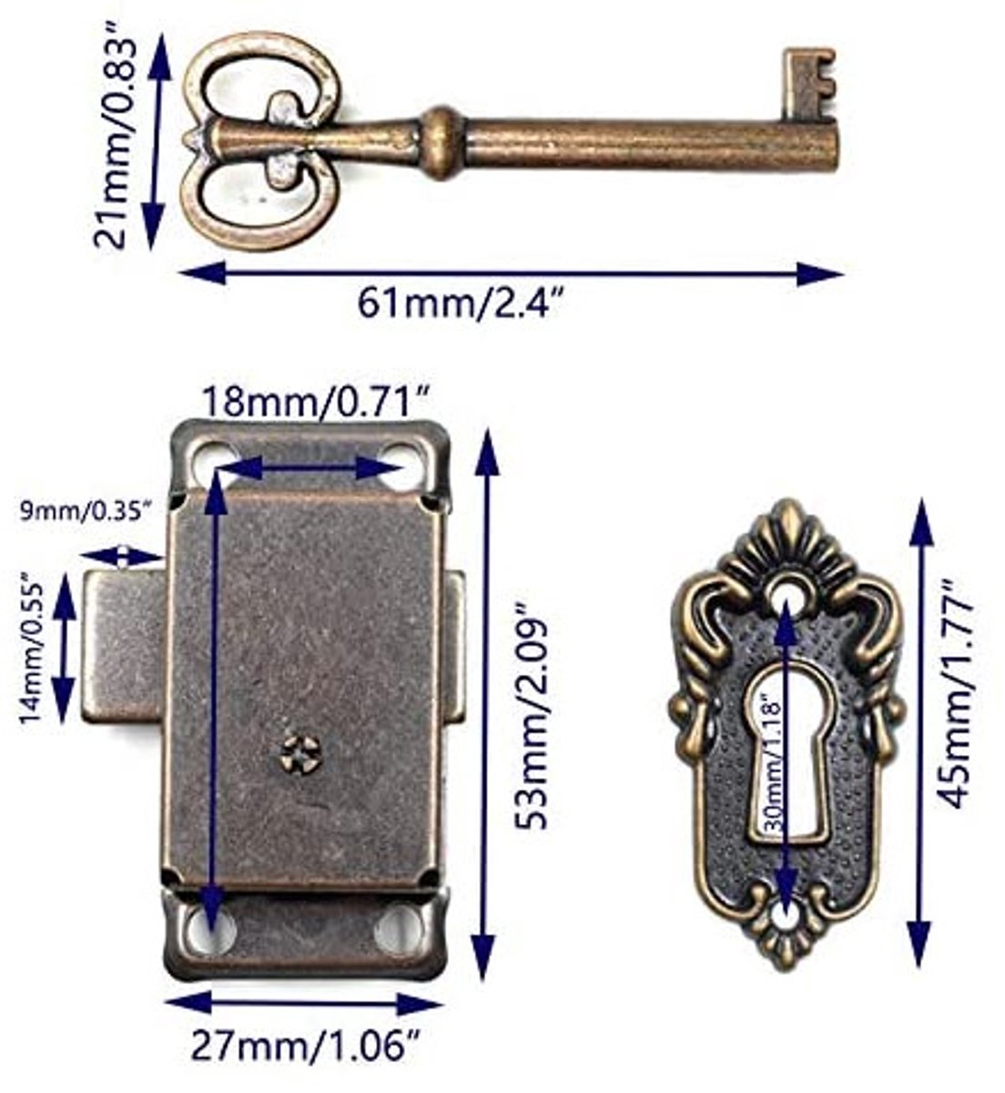 4 Pieces - Furniture Lock - Iron - 53*27 mm - Red Bronze - With Key and Screws - Furniture Locks - Safety Cabinet Lock - Drawer Lock - Lock with Key — image 5