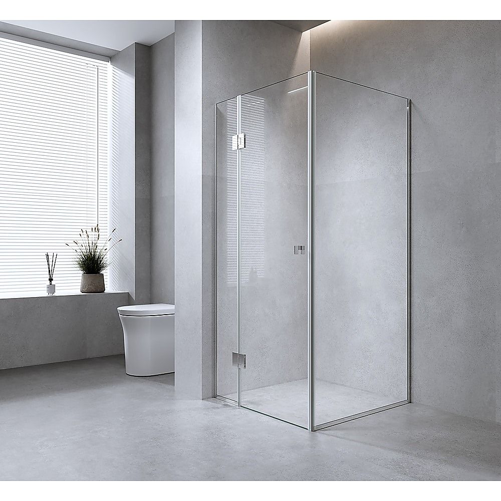 110x80cm Corner Frameless Shower Screen – Gold Wall Channel and Floor Channel with Brass Hinges & Round Knob Handle