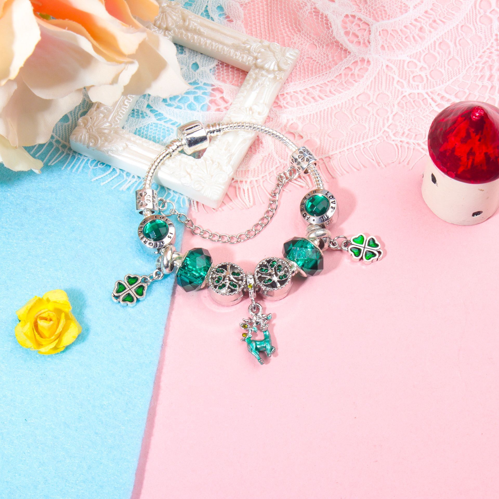 Colorful Cat Eye Glass Bead Clover Pendant Bracelet(19cm) โ image 2