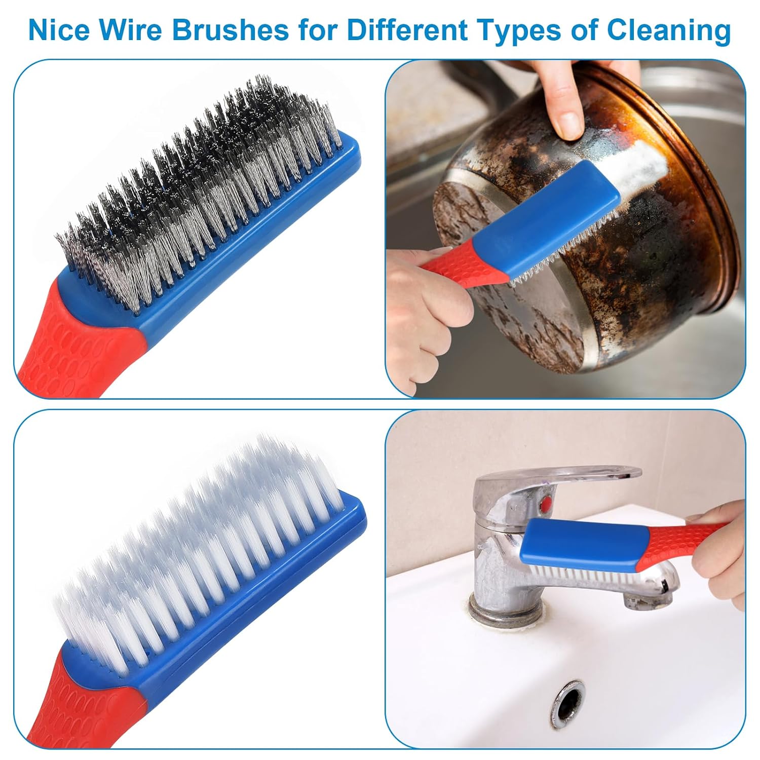 Wire Brush 2 Pack, Multi-Purpose Stainless Steel Scratch Bristle & Nylon Abrasive Brush Set for Cleaning Heavy Duty Metal Rust, Scrubbing Dirt & Paint Removal — image 4