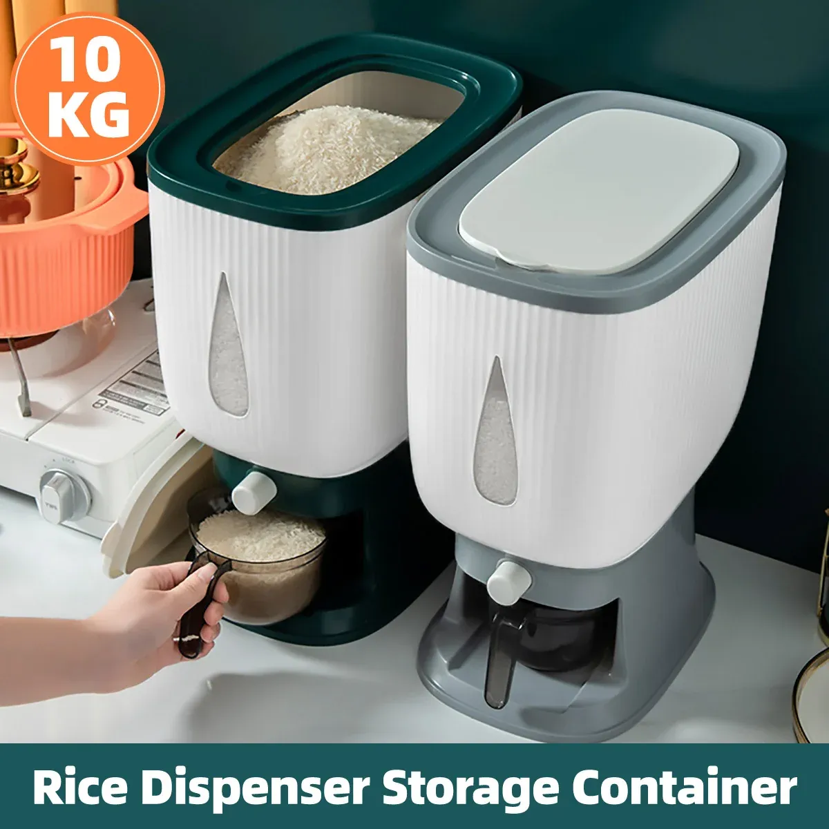 10kg Rice Storage Bucket Household Metering Rice Container Large Capacity - Green โ image 2