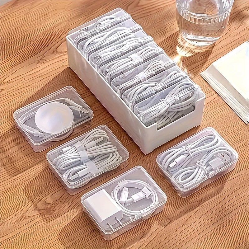 Transparent cable organizer, 7 small + 1 large combo design. Lightweight and durable, stores data cables and chargers, keeps desktop tidy. Ideal storage โ image 6