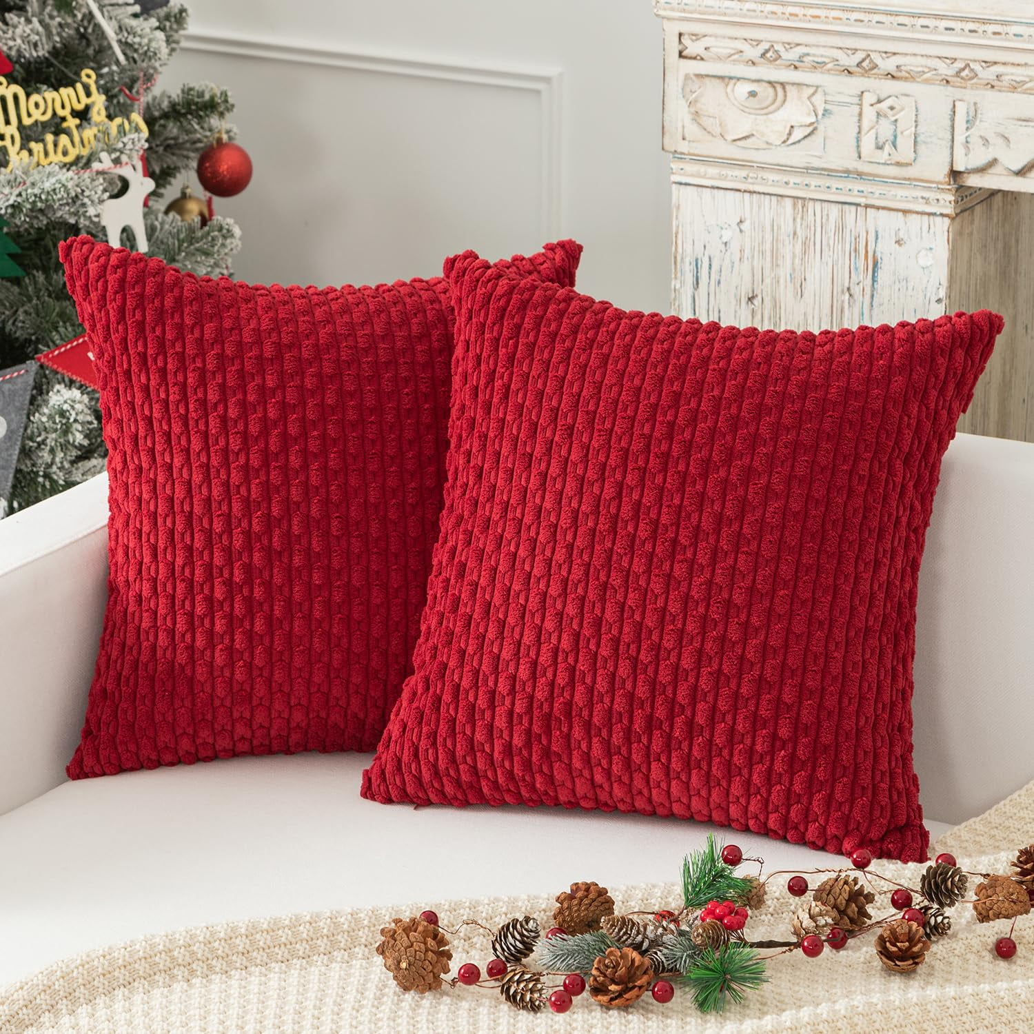2 Pack Striped Velvet Corduroy Pillow Covers, Decorative Throw Cushion Cases for Couch, Sofa and Bed, 22 x 22-Inch, Red