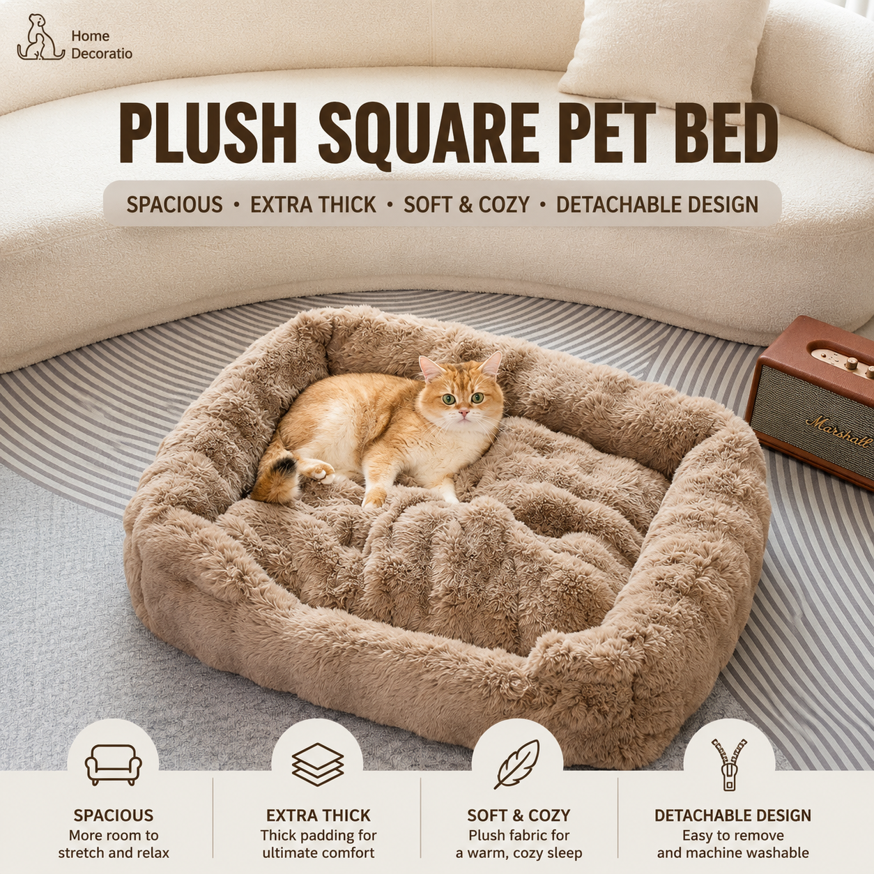 Brown Bubble Plush Pet Sofa Bed with Removable Cushion S Size 60*45*23CM โ Ultra-Soft Winter Thickened Warm Pet Nest with Raised Bolster Edges, Washable Plush โ image 2