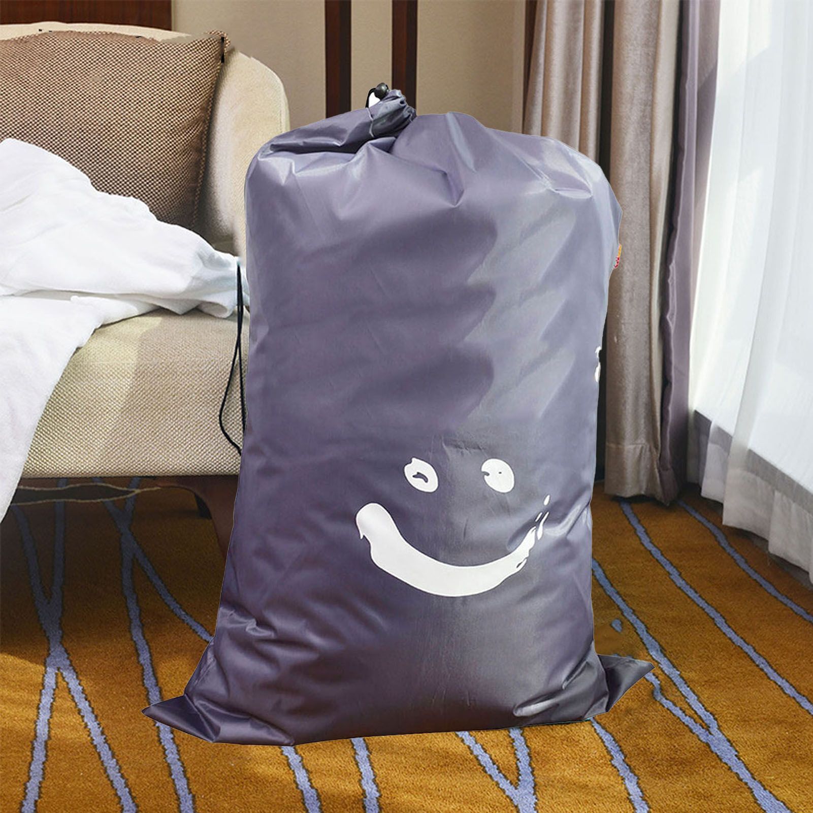 Laundry Bag Nylon Drawstring Cylinder for Household Travel Dirty Clothes Quilt Books Storage Dark Grey Smiling Face โ image 6