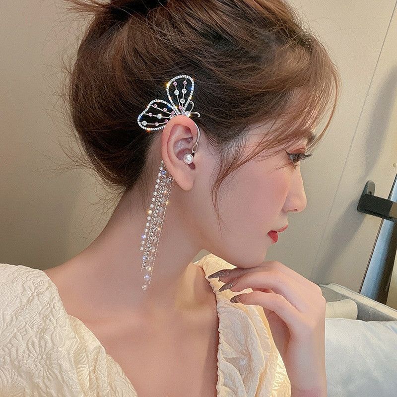 Earring for Women Elegant Clip Non Pierced Earring Long Zircon Bead Tassel Earring for Girls Ear Wrap Cuff Dangle Fairy(1 pair) — image 5