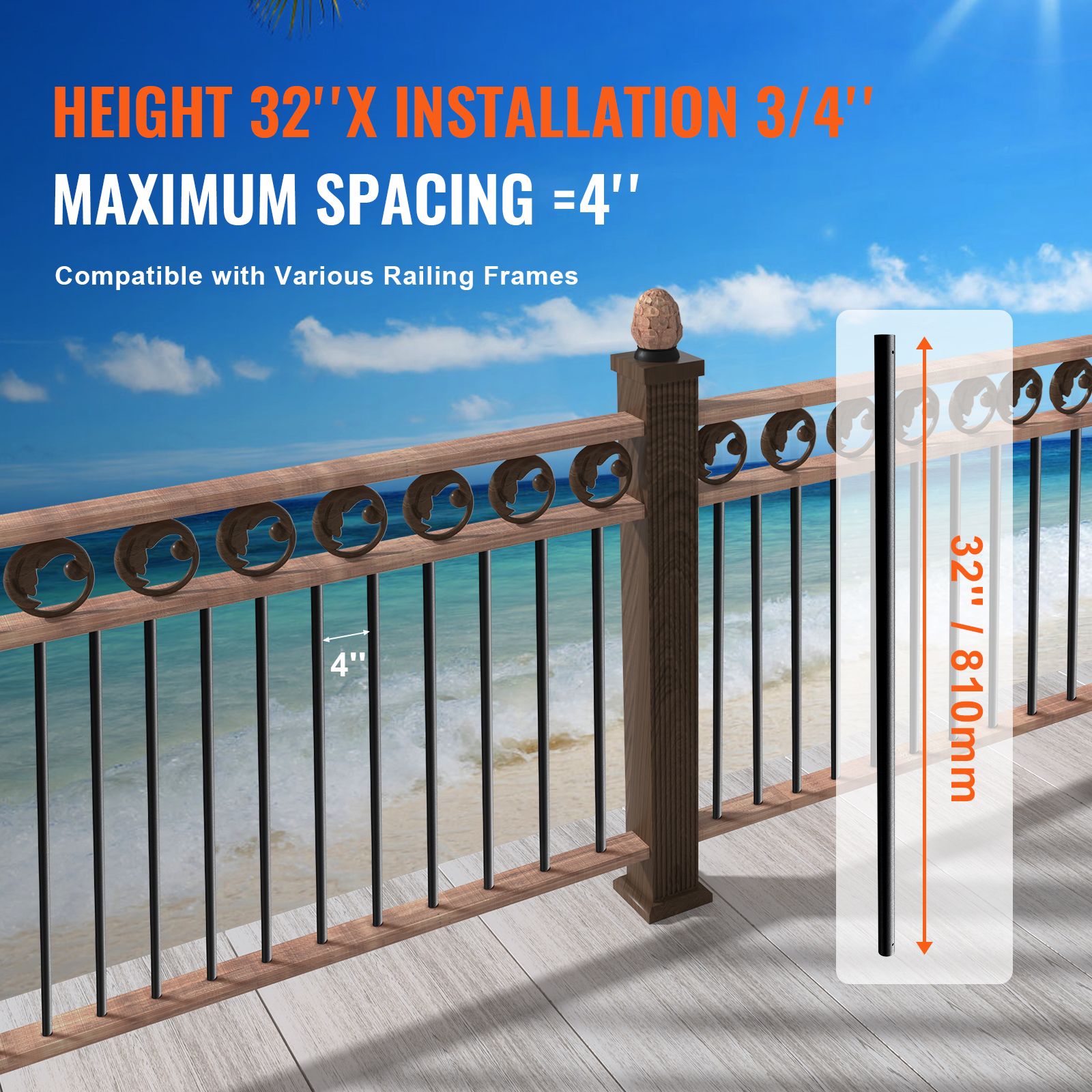 Staircase Metal Balusters, 3/4'' Round x 32'' Long Aluminum Decorative Banister Spindles, 101 Pack Deck Baluster with Screws, Classic Hollow Deck Railing Satin — image 3