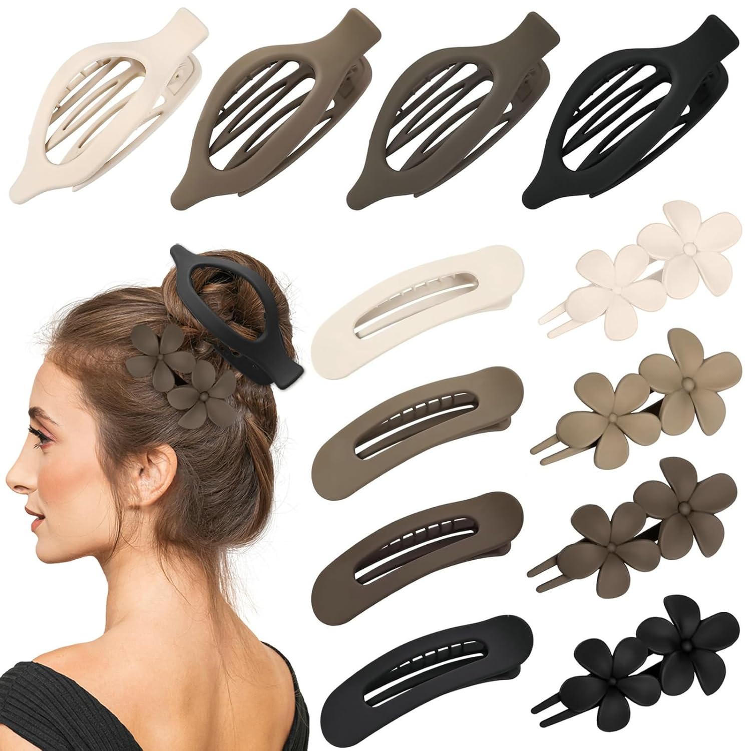 12 Pcs Neutral Colors Flat Hair Clips, Flat Claw Clip for Women, Matte Non-Slip Flower Claw Clips for Thin Thick Hair, Suitable for Women and Girls Wedding