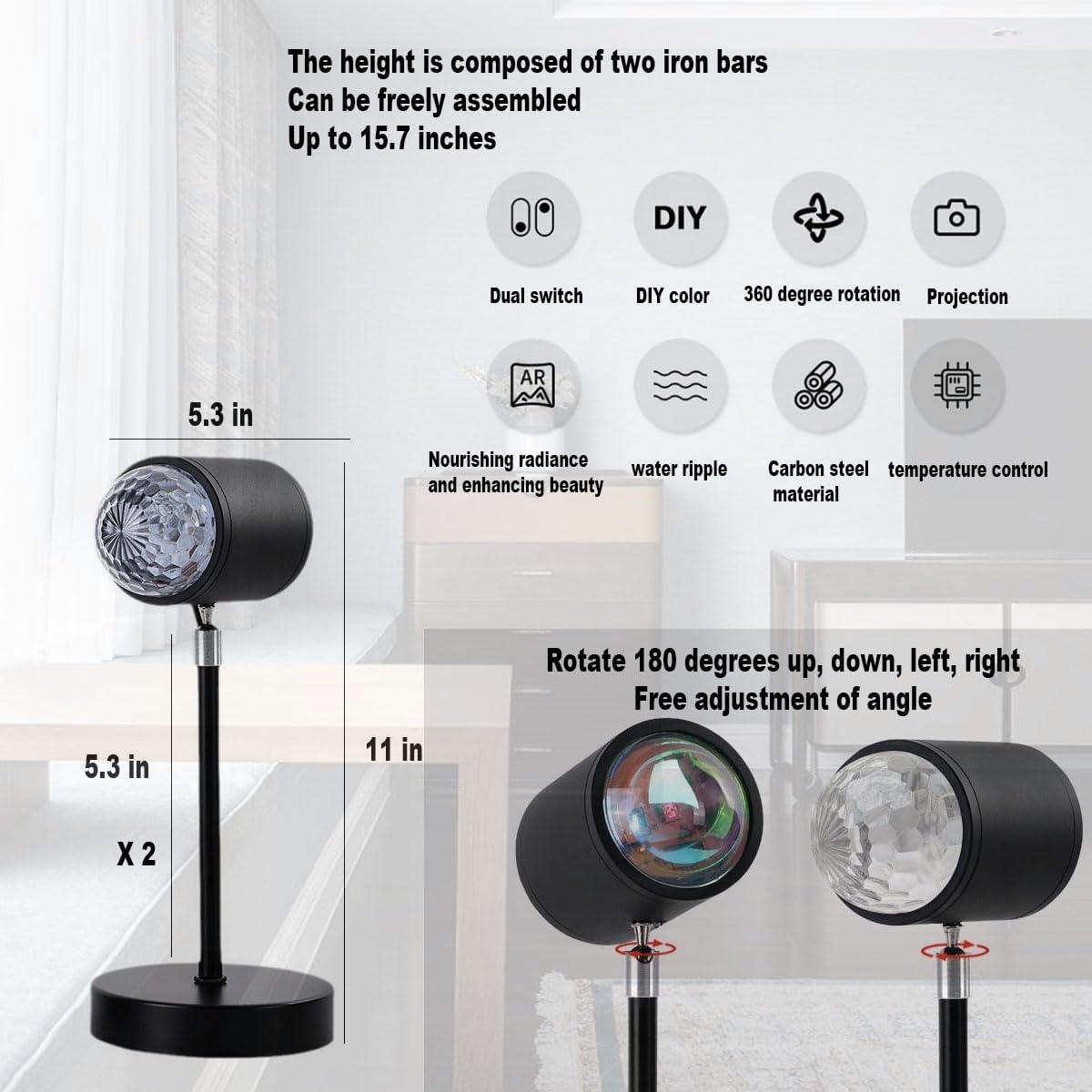 Water Ripple Lamp Sunset Lamp 2-in-1 3D Projector LED Light Sunset Ocean Light Project USB Powered Night Light 360° Rotation Button Control for