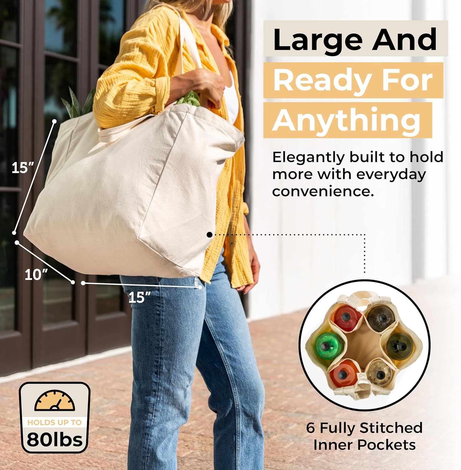 Canvas Grocery Bag 3pc XL Set with Real Pockets, Long Shoulder Strap and Short Handle. Heavy Duty, Foldable, Washable — image 4